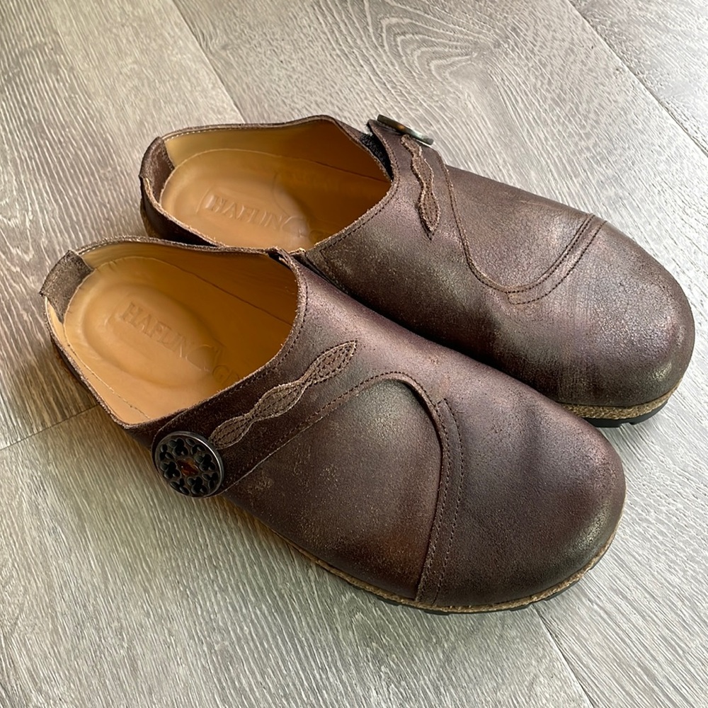 HAFLINGER Brown Leather Mules Clogs Shoes size 38